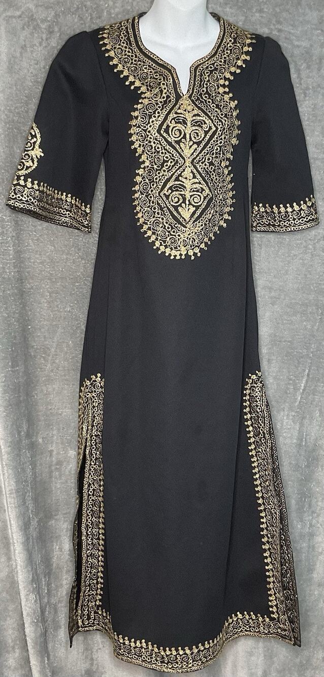 Black Kaftan Tunic Gold Embroidered Womens XS Dress Moroccan Style Side Zip